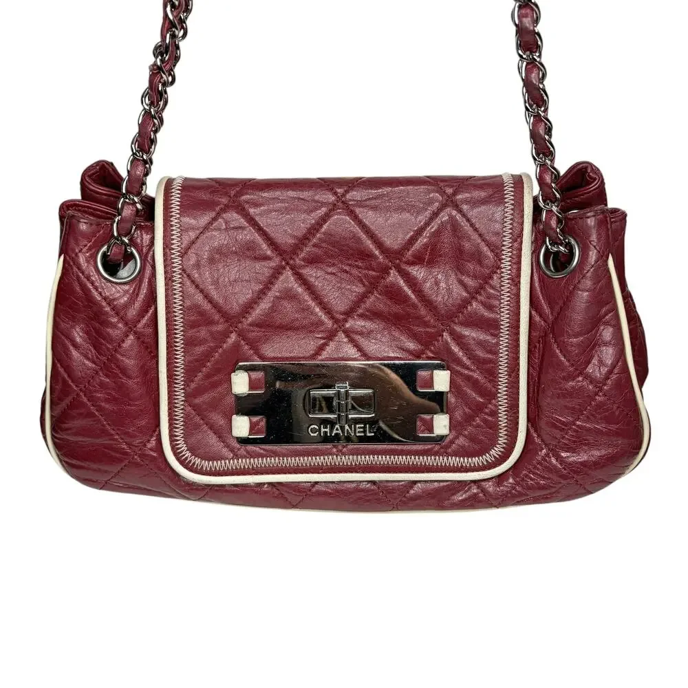 Chanel East West Accordion Flap Bag Red Caviar Leather Silver Hardware w/ COA